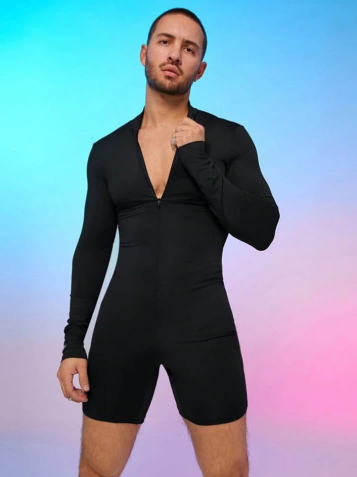 Men's Knit Skinny Mock Neck Hidden Zipper Long Sleeve Romper